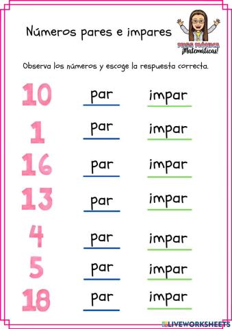 Números pares e impares 1-20