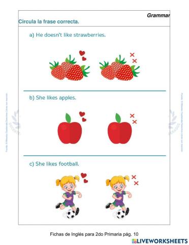 Fichas de inglés para primero primaria - pág. 10 - Gramática - Circula la respuesta correcta