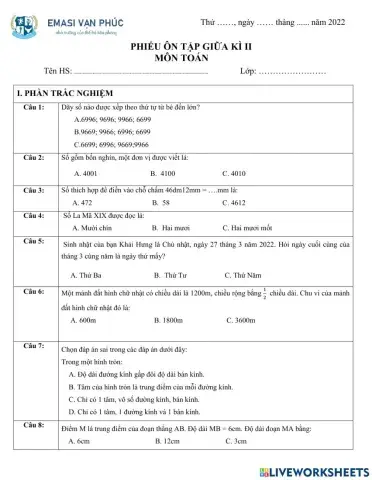 Phiếu ôn toán số 3