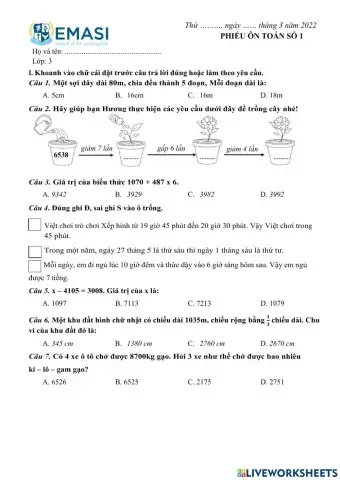 Phiếu ôn TOÁN số 1