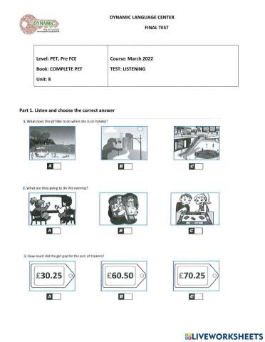 FINAL TEST - Unit 8 Complete Pet - Listening