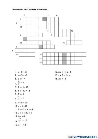 Crossword first degree equations