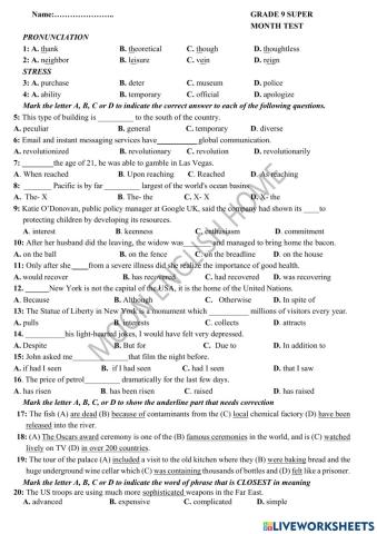 Grade 9 Sup- Test 10 (March Test)