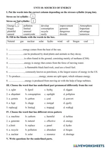 Unit 10: Sources of energy