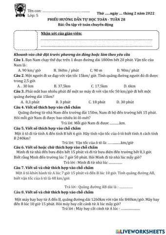 Bài test Toán tháng 3