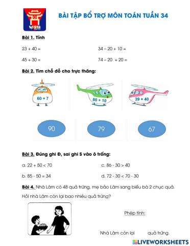Phiếu bổ trợ Toán - Tuần 34