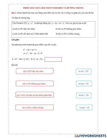 Chủ đề 18. tiết 249. phiếu 2. bài toán parabol và đường thẳng