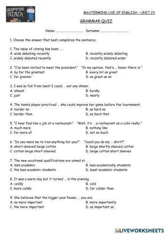 Mastermind Unit 23 Grammar Test