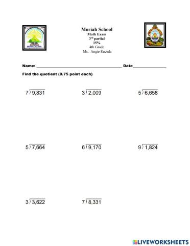 Math Exam III Partial 4th grade