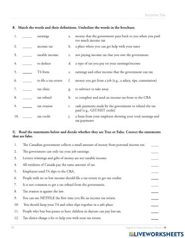 Income Tax - Vocabulary Exercise