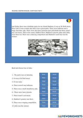 Reading comprehension :a birthday party