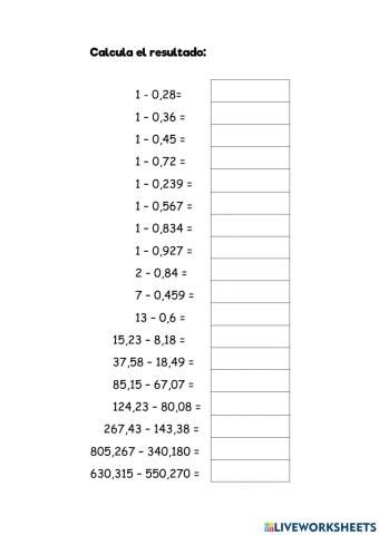 Cálculo mental: restas con decimales.