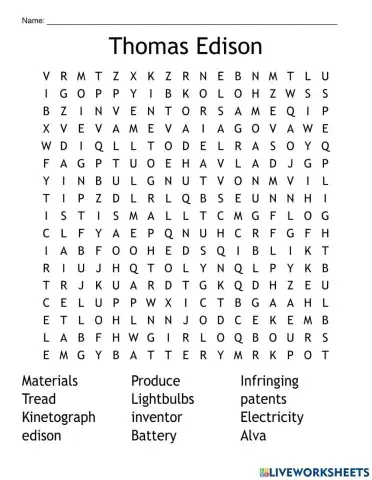 Thomas Edison Wordsearch