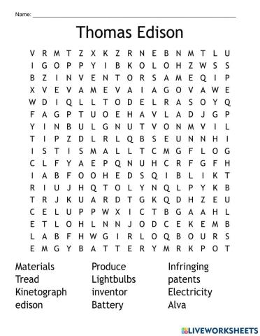 Thomas Edison Wordsearch