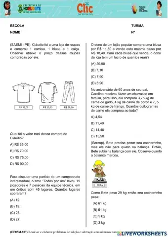 (EF05MA07) Resolver e elaborar problemas de adição e subtração com números naturais e com números racionais