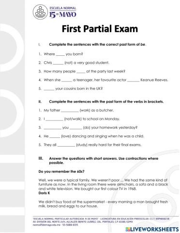 First Partial Exam- Elementary
