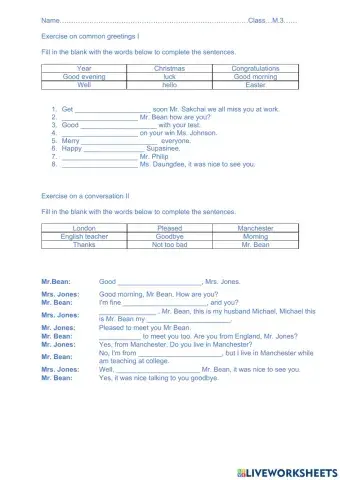 แบบฝึกหัดเรื่อง Greeting and Farewell