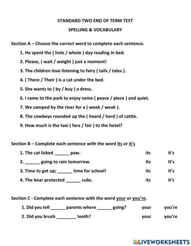 Std 2 spelling & vocabulary test