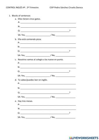 Control inglés 4º por bloques