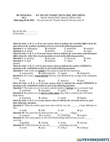 G12 đề minh họa 4