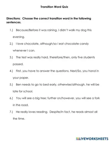 Transition Word Quiz