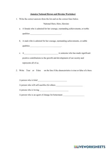 Jamaica National Heroes and Heroine Worksheet