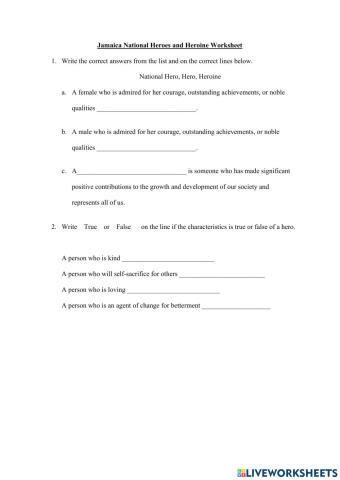 Jamaica National Heroes and Heroine Worksheet
