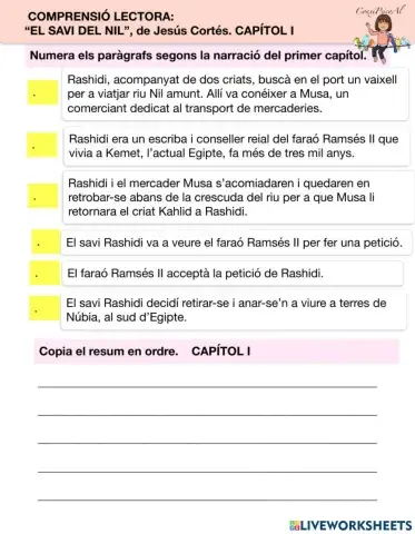 COMPRENSIÓ LECTORA:ELSAVI DEL NIL, Jesús Cortés.Cap. I