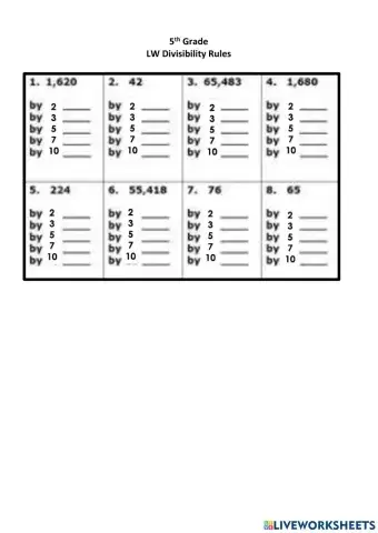5th Divisibility Rule HW