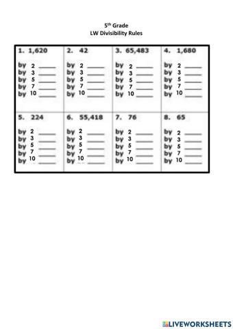 5th Divisibility Rule HW