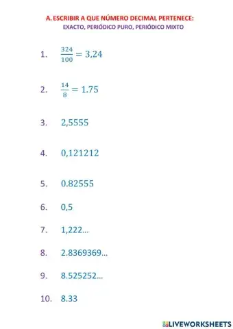 Identificar decimales exactos, periódicos puros, periódicos mixtos