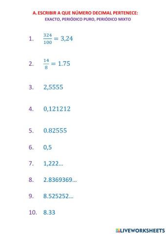 Identificar decimales exactos, periódicos puros, periódicos mixtos