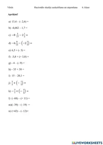 Racionālo skaitļu saskaitīšana un atņemšana
