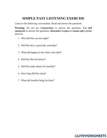 Simple Past Listening and Writing Assessment