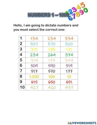 Dictation of numbers from 1 to 1000