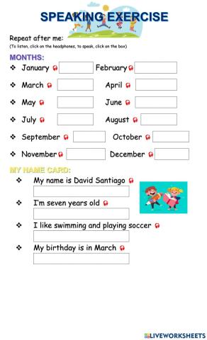 SPEAKING EXERCISE months and name card