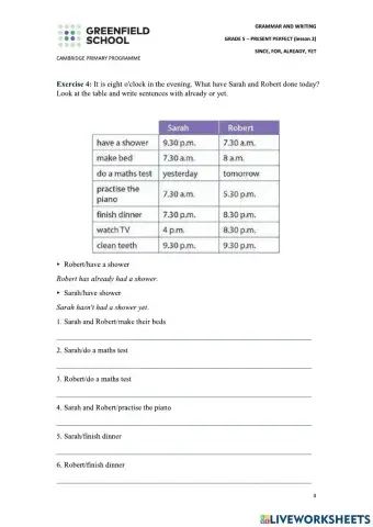 Worksheet since-for-already-yet