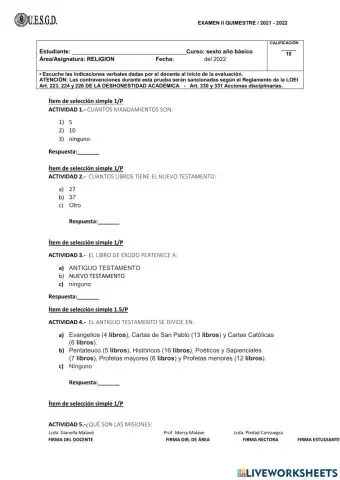 Examen quimestral de religion