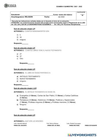 Examen quimestral de religion