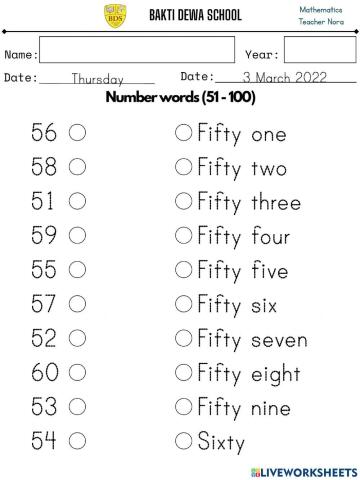 Number words 51 - 100