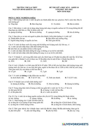 Đề thi giữa học kì ii - môn sinh lớp 10