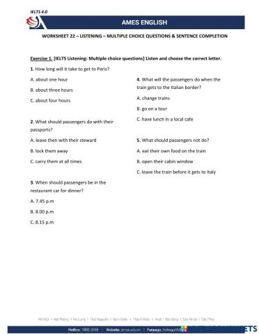 Worksheet 22 - Listening - Multiple choice questions & Sentence Completion