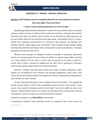 Worksheet 23 - Reading - Sentence Completion