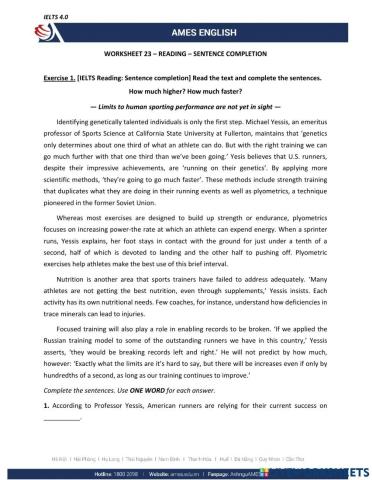 Worksheet 23 - Reading - Sentence Completion