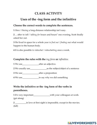 CLASS ACTIVITY - Uses of the -ing form and the infinitive