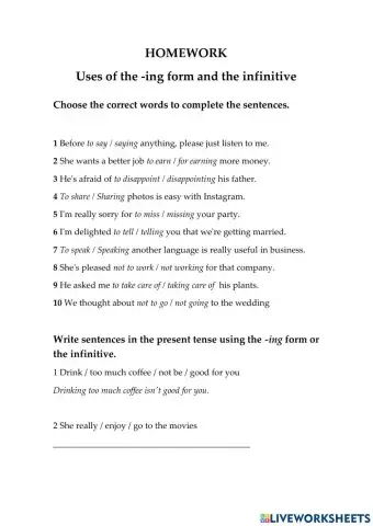 HOMEWORK - Uses of the -ing form and the infinitive