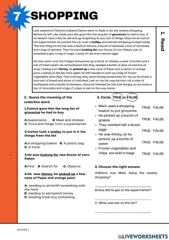 Reading Comprehension A1: Shopping