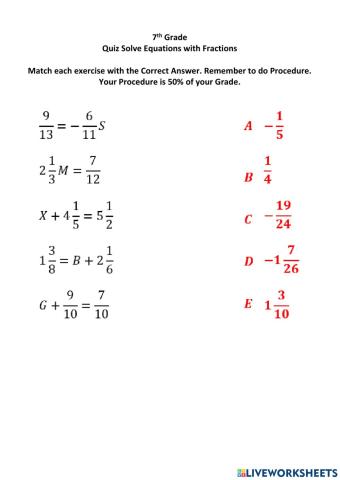 7th Quiz Equations with Fractions