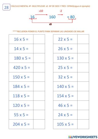 Cálculo 10.1 (ficha 28) Multiplicar x5.