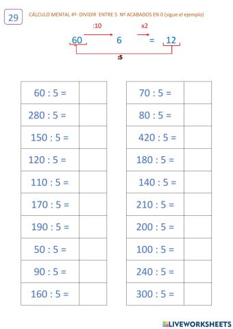 Cálculo 10.2 (ficha 29) Dividir entre 5